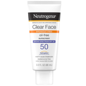 Neutrogena Clear Face Sunscreen Lotion for Acne-Prone Skin, Broad Spectrum SPF 50, Sunscreen for Face & Oily Skin, Oil-,Fragrance- & Oxybenzone-Free, Water Resistant, Matte, Unscented, 3 Fl Oz