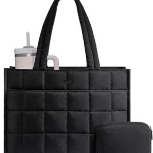 LOVEVOOK Tote Bag for Women, Puffer Work Handbag 15.6 Inch Laptop Purse for Nurse Teacher, Large Quilted Travel Tote Shoulder Bag with Zipper for College Office Clinical Gym, Black