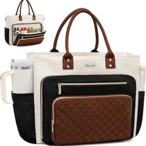 LOVEVOOK Teacher Tote Bag for Women Work, Laptop Bag With Large Cup Holder, Nurse Bags Professional Briefcase Business Computer Purses Bible Handbag Gifts, Black-Beige-Brown, 15.6 Inch