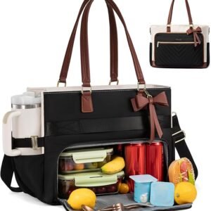 LOVEVOOK Lunch Bag, Tote Bag for Women with Insulated Lunch Compartment, Laptop Bag with Large Capacity & Cup Holder, Work Tote for Teacher, Nurse, Travel, College, Daily, Black-Beige-Brown, 15.6 Inch