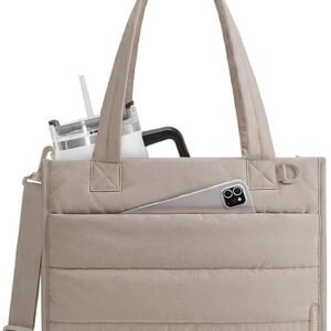 BAGSMART Small Tote Bag for Women, Puffer Quilted Work Tote Bag, Zipper Closure for Work Travel College, Camel | 14L Small tote, 14'' Laptop bag, 30oz tumbler, Boxy work bag, Teacher Bag, Teacher bag