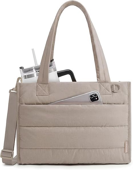 BAGSMART Small Tote Bag for Women, Puffer Quilted Work Tote Bag, Zipper Closure for Work Travel College, Camel | 14L Small tote, 14'' Laptop bag, 30oz tumbler, Boxy work bag, Teacher Bag, Teacher bag
