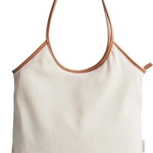 BAGSMRT Corduroy Tote Bag for Women Beach Bag with Zipper Casual Shoulder Bag Lightweight Travel Tote Hobo Handbag | PU Leather Handles, 14L Capacity, Inner Pocket, Beach, Travel, Shopping, Campus