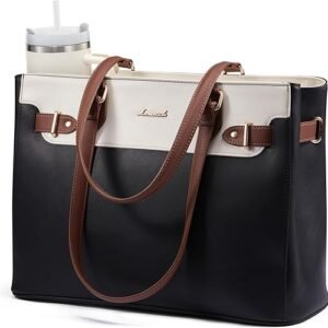 LOVEVOOK Laptop Tote Bag for Women Work, Teacher Tote Bag with Large Cup Holder, Waterproof Leather Computer Bag