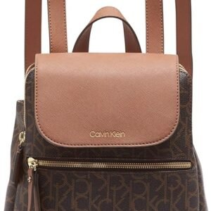 Calvin Klein Women's Elaine Signature Key Item Flap Backpack, Brown/Khaki/Luggage Saffiano, One Size