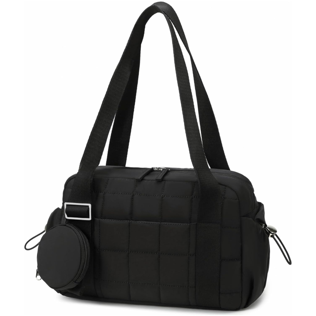 CAMTOP Mini Gym Bag for Women, Small Gym Tote Bag Puffy Quilted Sports Duffel Bag with Wet Compartment and Coin Purse Duffel Bags Dance Yoga Workout Bag for Gifts (All Black, Mini-12.6")