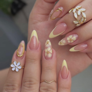 Flower Press On Nails – French Tip Floral Almond Nails