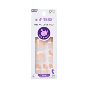 KISS imPRESS French Tip Press On Toenails, 'Blanc Chic', White, Short Squoval, Pedicure Nail Kit Includes 24 Press On Toenails, Prep Pad, Mini Nail File, & Pedicure Stick