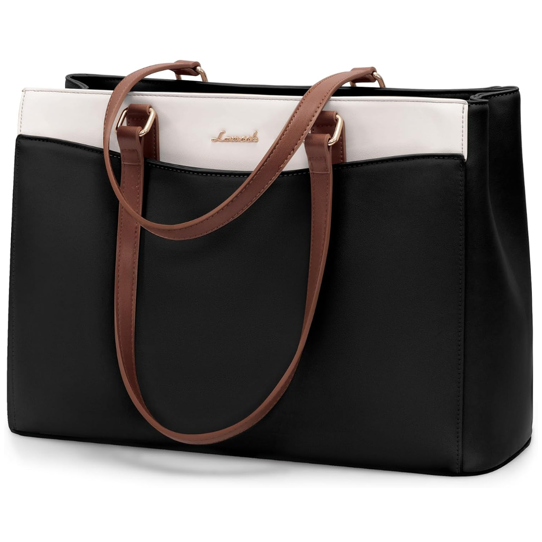 LOVEVOOK Laptop Tote Bag for Women, Work Bags Teacher Tote Bag, Waterproof Leather Computer Bag, Business Laptop Purse Office Handbag Professional Briefcase, Black-Beige-Brown, 15.6 Inch