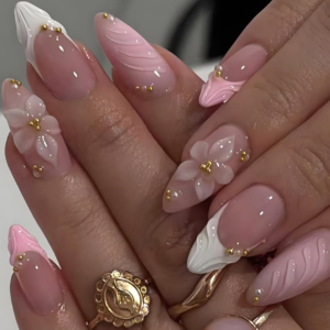 LPOODDNU 3D Pink Press on Nails Almond - Medium French Tip Fake Nails with Embossed Flower&Gold Bead Designs, Glossy Finish Reusable False Nails with Glue Tabs - 24Pcs Nail Kit for Women Manicure