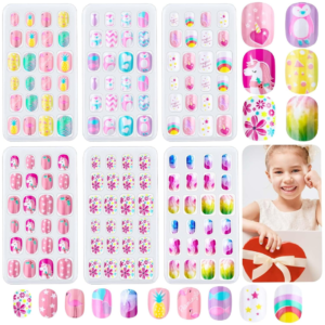 144 Pieces Press on Nails Grils, Thrilez Children Fake Artificial False Nail Tips Pre Glue Full Cover Short Acrylic Nails for Girls Kids Nail Art Decoration (Rainbow Sky)